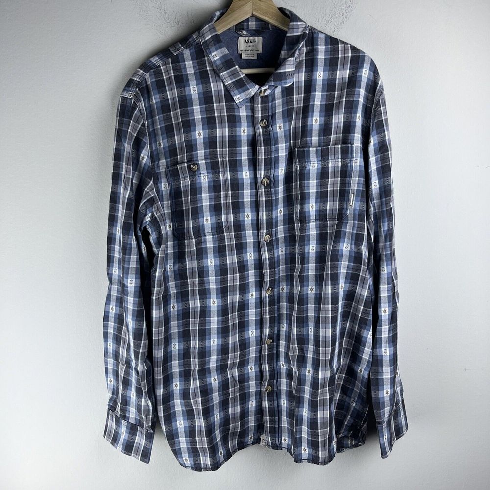 Vans Mens XL Classic Fit Blue Black Plaid Embroidered Button Down Shirt L/S